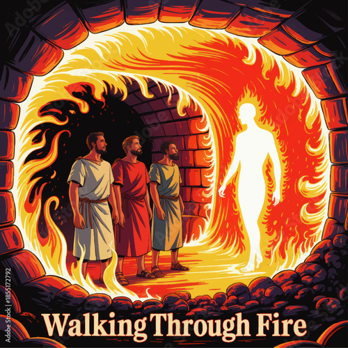 Fiery furnace illustration with glowing figure and three men, dramatic Bible scene of faith, protection, courage and divine presence