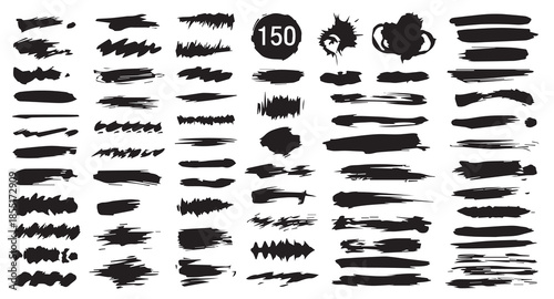 150 Black Ink Brush Strokes Mega Set, Grunge Vector Paint Brushes and Splatter Collection