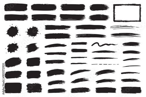 Set of hand drawn ink brush strokes, grunge black paint textures, splatters and artistic design elements isolated on white background.