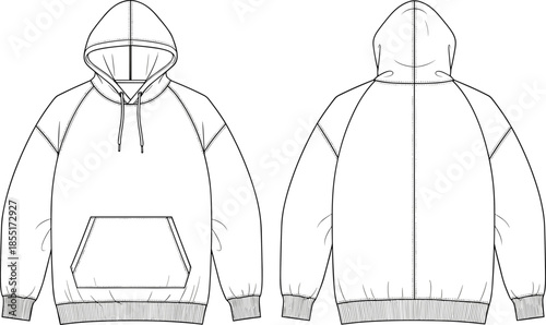 hooded sweatshirt technical flat sketch, front back view, long sleeve hoodie with kangaroo pocket apparel design, fashion vector illustration