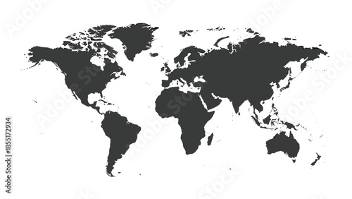 High-detail political world map silhouette in a solid dark grey color, showing all continents and countries on white background.