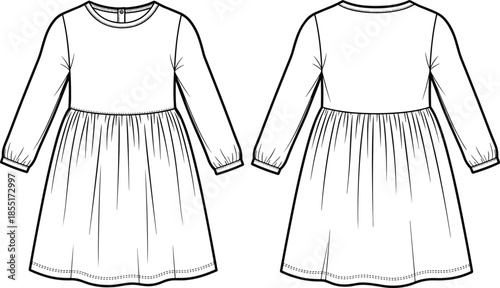 girls long sleeve dress technical flat sketch, front back view, gathered waist kids apparel design, fashion vector illustration isolated background