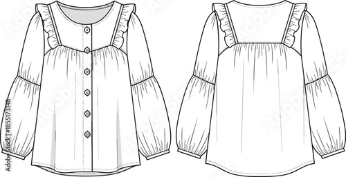 women blouse technical flat sketch, front back view, long sleeve ruffle detail casual top apparel design, fashion vector illustration