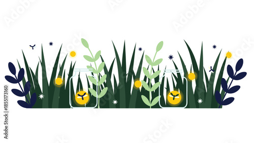 Magical summer night scene with two glass jars capturing glowing fireflies in a field of dark green grass and twinkling stars.