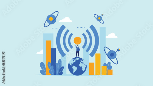 Global communication and technology concept with a person on earth holding a wifi symbol, surrounded by satellites and data bars.