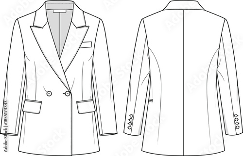 women blazer jacket technical flat sketch, front back view, double breasted tailored apparel design, fashion vector illustration
