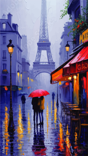 Romantic rainy evening in Paris with Eiffel Tower, couple under red umbrella, glowing street lights and cozy cafe illustration