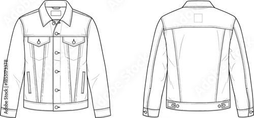 men denim jacket technical flat sketch, front back view, classic trucker outerwear apparel design, fashion vector illustration