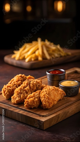 Crispy Fried Chicken With Golden French Fries And Dipping Sauces On Wooden Board