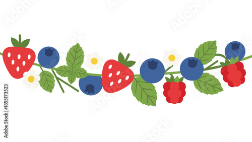 Colorful decorative garland of summer berries including strawberries, blueberries, and raspberries with leaves and flowers on a white background.