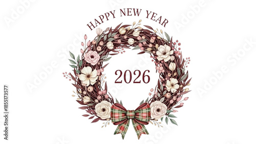 Soft Watercolor Floral Christmas Wreath with Cream Flowers, Winter Berries and Plaid Bow, Happy New Year 2026 Elegant Holiday Design