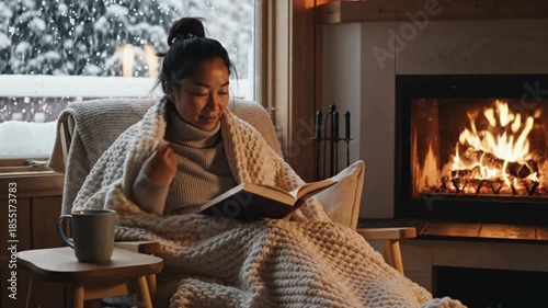Woman reading by cozy fireplace on snowy day, feeling relaxed and warm