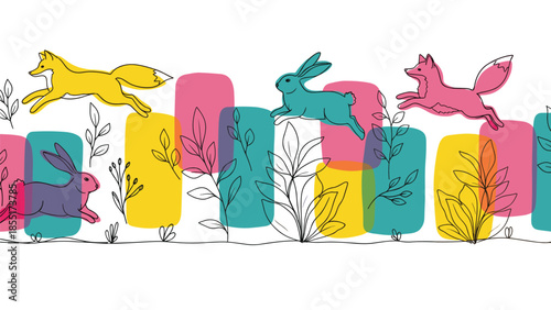 Seamless horizontal border with colorful running foxes and rabbits, layered over abstract shapes and line art plants for a modern look.
