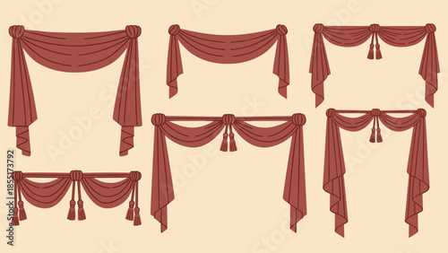 Set of six classic window treatments featuring elegantly draped pelmets and swags in a deep red-brown color for interior design concepts.