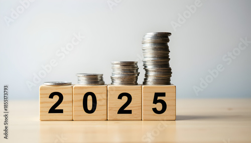 Wallpaper Mural Wooden cubes forming year 2025 with stack of growth coins symbolizing financial annual plan, savings, budget, investment and New Year resolution concept Torontodigital.ca