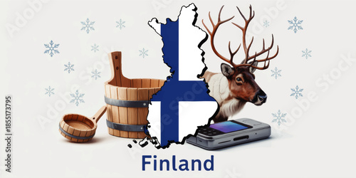 Finland travel illustration with reindeer, sauna bucket, map flag silhouette, mobile phone technology and winter snowflakes