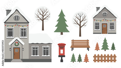 Charming Christmas village constructor set with snowy gray houses, evergreen trees, a bench, a red mailbox, and a wooden fence.
