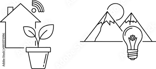 Smart eco-friendly home and sustainable energy innovation line art illustration