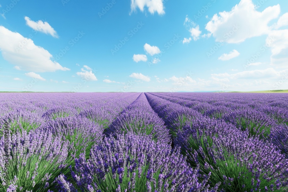 Fototapeta premium Lavender fields blooming under a clear blue sky on a sunny day