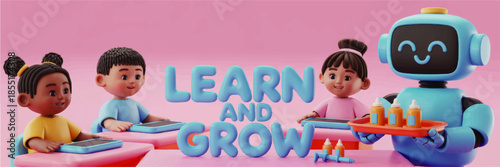 Cute 3D robot teacher with diverse kids learning at tablets in pink classroom, AI education and STEM learning and grow concept