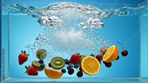 Fresh fruits submerged underwater with splashing water