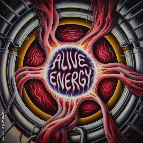 Surreal alive energy core illustration with glowing organic tendrils and metallic pipes, vibrant sci fi abstract power source art