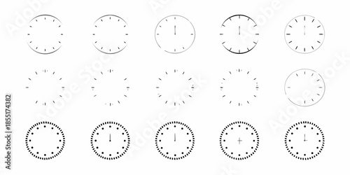 An arrangement of clocks displaying various times in a grid pattern