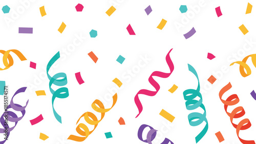 Festive horizontal bottom border with colorful falling confetti and swirling party streamers, perfect for celebration-themed designs.