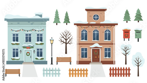 Christmas in the city constructor set with decorated houses, snowy trees, benches, fences, and other winter urban elements to create a scene.