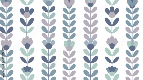 Simple seamless vertical pattern of stylized folk art flowers and leaves in a muted, calming palette of dusty blue, lavender, and mint.