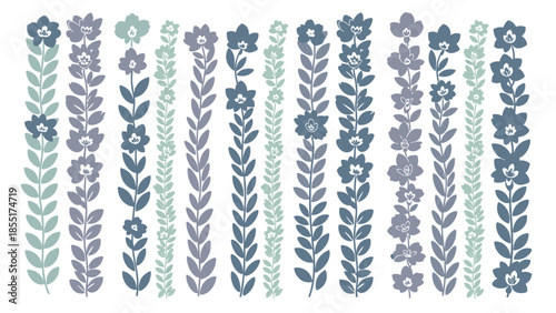 Large collection of various vertical floral and leafy stems in a sophisticated, cool color palette of dusty blue, gray, and muted teal.