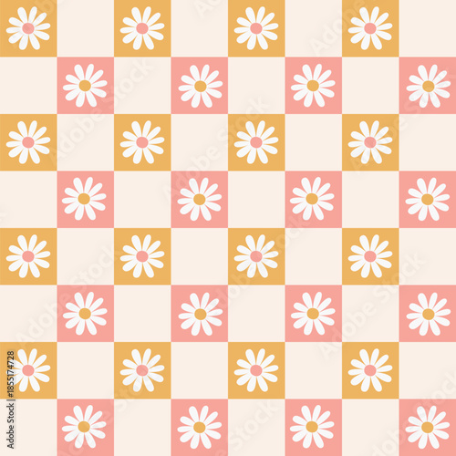 Checkerboard seamless pattern with daisy flowers. Perfect for fabric, wallpapers and gift designs