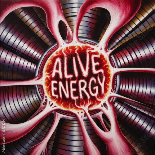 Futuristic alive energy core illustration, glowing red plasma typography, metallic radial engine abstract background, sci fi power concept art