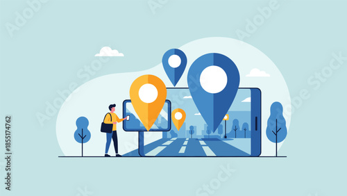 Flat design illustration of a man using a mobile phone for GPS navigation with a map and location pins on the screen.