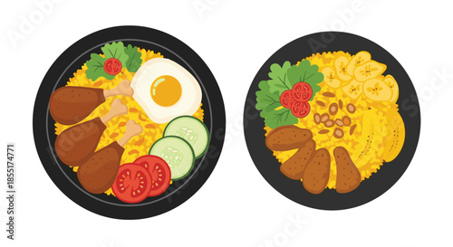 Two plates of yellow rice served with fried chicken, sliced cucumbers, tomatoes, and fried plantains on a black plate.