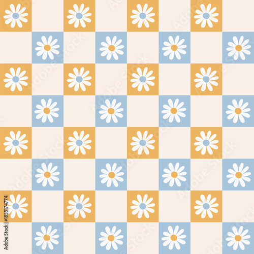 Checkerboard seamless pattern with daisy flowers. Perfect for fabric, wallpapers and gift designs