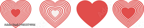Four red hearts with striped patterns on white background