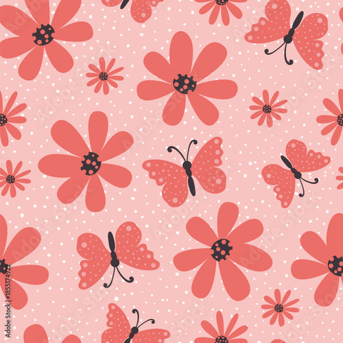 Vector seamless pattern with pink daisies and butterflies. Perfect for fabric, wallpapers and gift designs