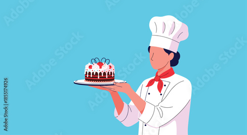 Professional pastry chef in a white uniform and hat presents a beautifully decorated chocolate cake on a blue background.
