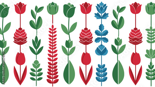 Seamless horizontal folk art border featuring stylized tulips and other flowers in a classic palette of red, blue, and green on white.