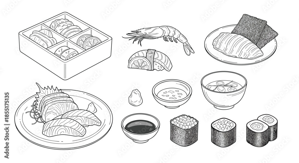 Fototapeta premium Traditional Japanese sushi and sashimi platter is depicted in a detailed black and white line art illustration style.