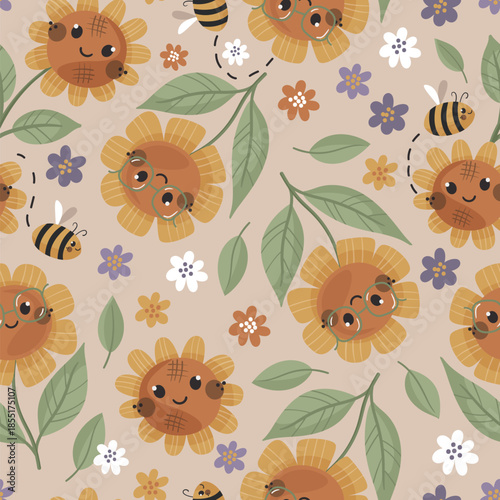 Vector seamless pattern with cute sunflowers and bees on beige background. Perfect for kids fabric, paper and gift designs