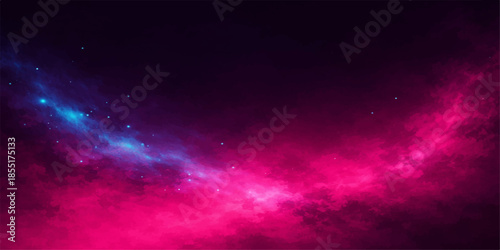 An abstract space background featuring a bright purple and blue nebula cloud amidst a dark galaxy of stars and cosmic dust in the outer universe