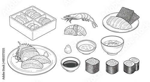 Traditional Japanese sushi and sashimi platter is depicted in a detailed black and white line art illustration style.