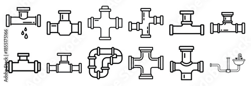 Set of outline icons water pipe installation . construction simple line isolated icon set collection