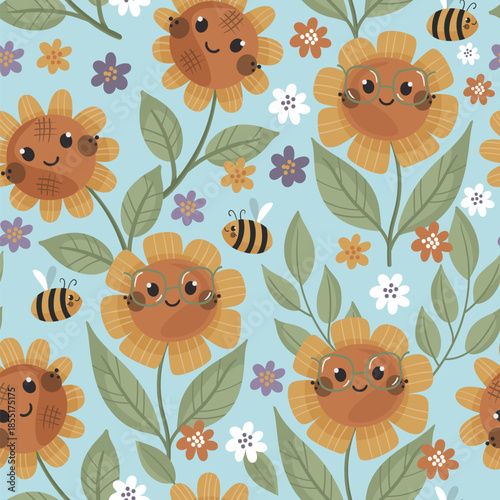 Vector seamless pattern with cute sunflowers and bees on blue background. Perfect for kids fabric, paper and gift designs