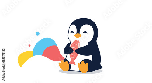 Adorable cartoon penguin sits in the snow and happily eats a large red fish against a colorful abstract background.