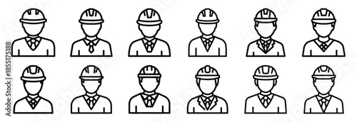 Set of outline icons worker attendance . construction simple line isolated icon set collection