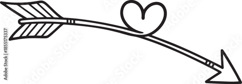 A black and white illustration of a curved arrow with a heart