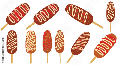 Large assortment of Korean style corn dogs displays various textures and colorful condiment drizzles for snack lovers.